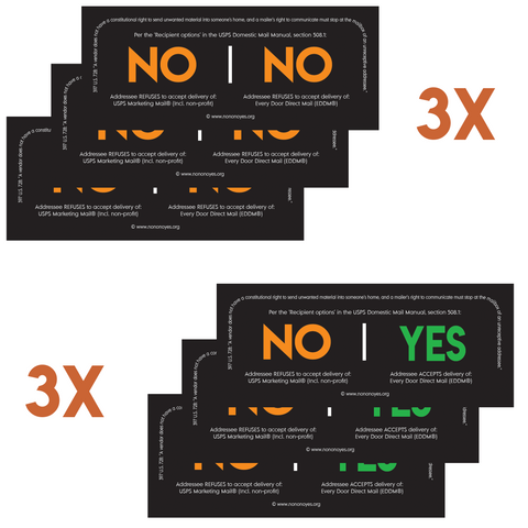The "Neighborly love" combo ncludes 3 No-No, and 3 No-Yes stickers to help with controlling your USPS advertising mail (junkmail or bulkmail) preferences
