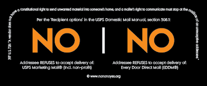 The "No, thank you" sticker, the most popular option to help with controlling your USPS advertising mail (junkmail or bulkmail) preferences