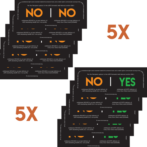 The "Family Pack" combo includes 5 No-No, and 5 No-Yes stickers to help with controlling your USPS advertising mail (junkmail or bulkmail) preferences